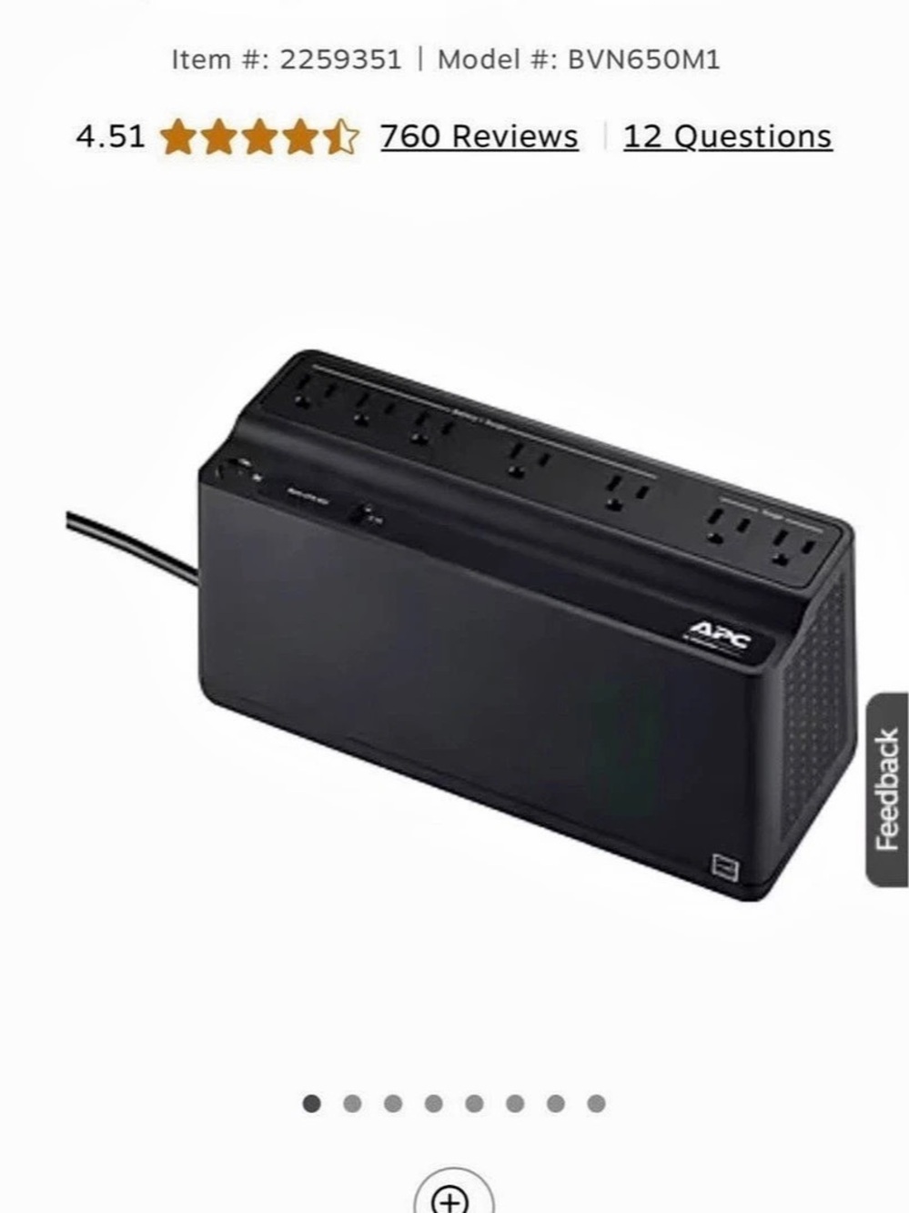 APC Back-UPS 650VA 7-Outlet Battery Backup & Surge Protector 650VA Battery